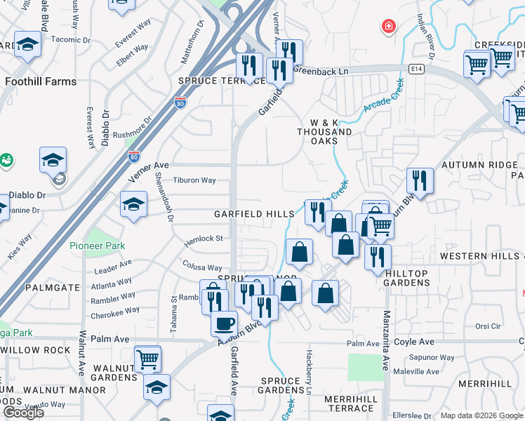 map of restaurants, bars, coffee shops, grocery stores, and more near 5541 Oldham Lane in Sacramento