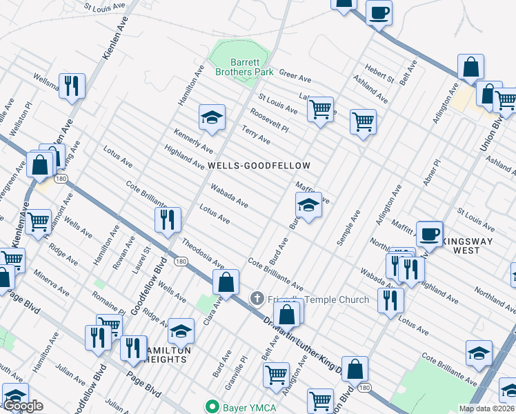 map of restaurants, bars, coffee shops, grocery stores, and more near 5649 Wabada Avenue in St. Louis