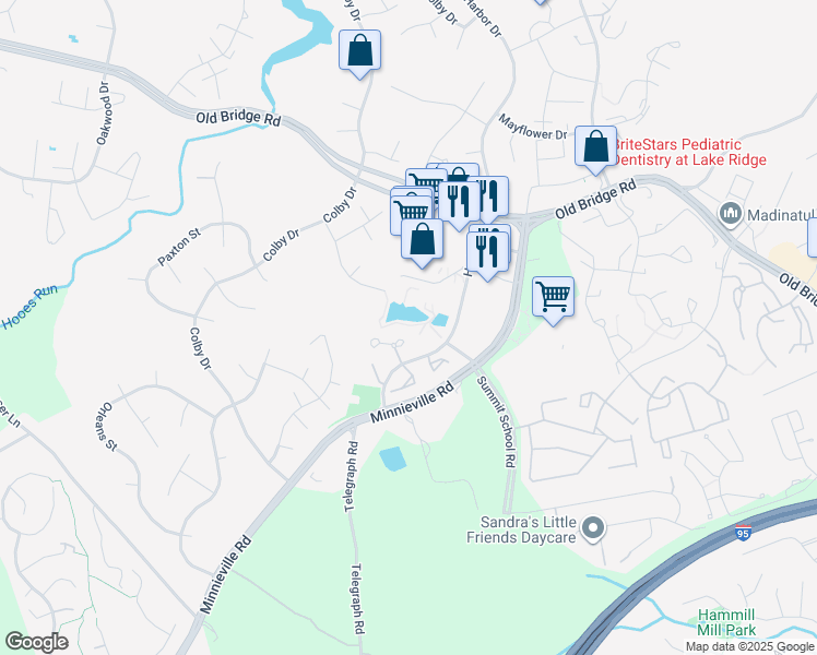 map of restaurants, bars, coffee shops, grocery stores, and more near 12845 Mill Brook Court in Woodbridge