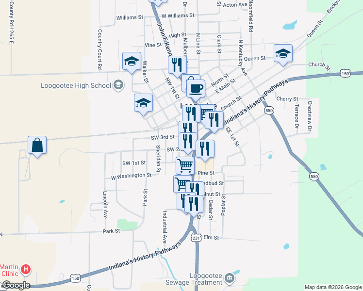 map of restaurants, bars, coffee shops, grocery stores, and more near 202 Grant Street in Loogootee