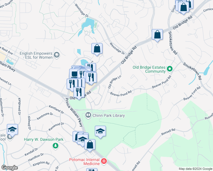 map of restaurants, bars, coffee shops, grocery stores, and more near 3991 Cressida Place in Woodbridge