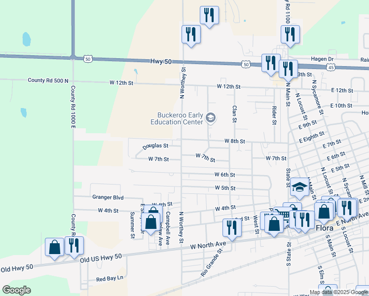 map of restaurants, bars, coffee shops, grocery stores, and more near 701-799 North Worthey Street in Flora