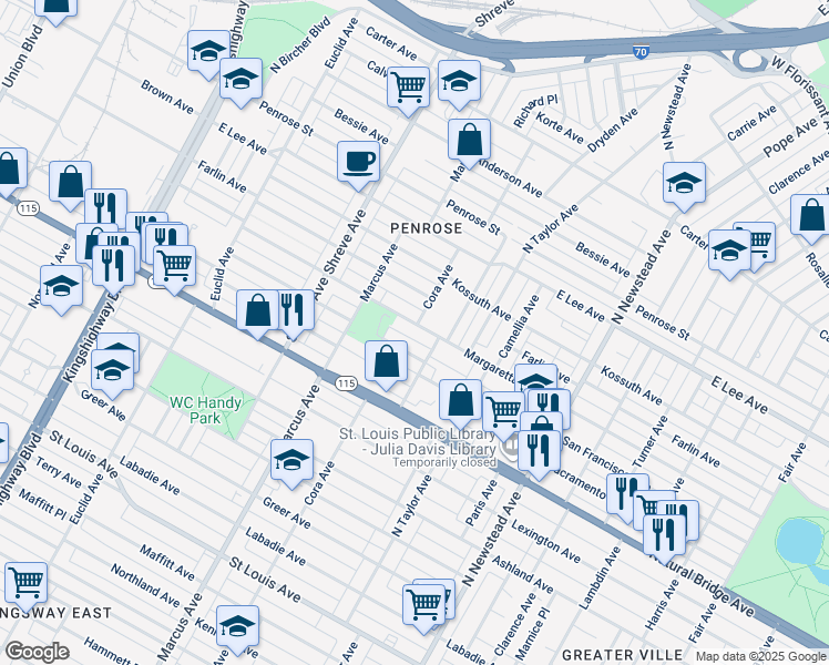 map of restaurants, bars, coffee shops, grocery stores, and more near 4605 Margaretta Avenue in St. Louis