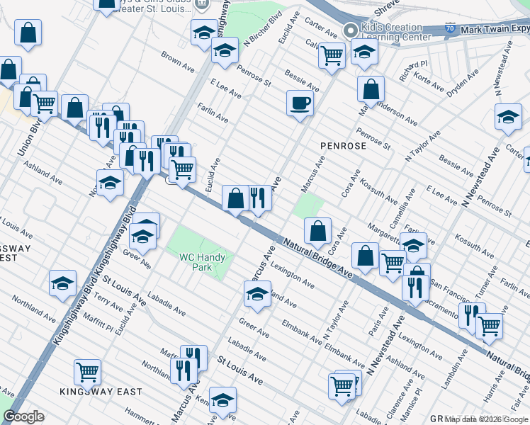 map of restaurants, bars, coffee shops, grocery stores, and more near 4729 Sacramento Avenue in St. Louis