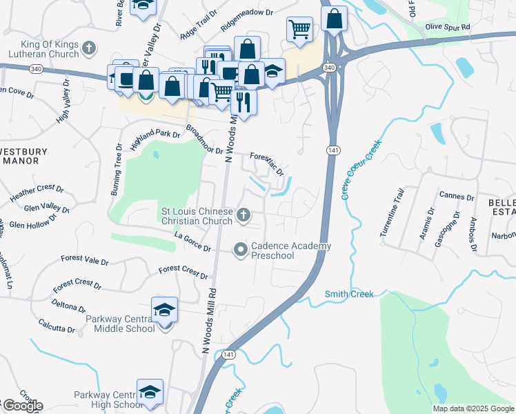 map of restaurants, bars, coffee shops, grocery stores, and more near 13415 Land O Woods Drive in St. Louis