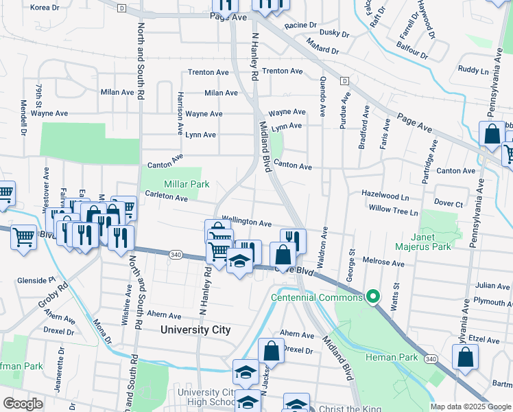 map of restaurants, bars, coffee shops, grocery stores, and more near 7370 Carleton Avenue in University City