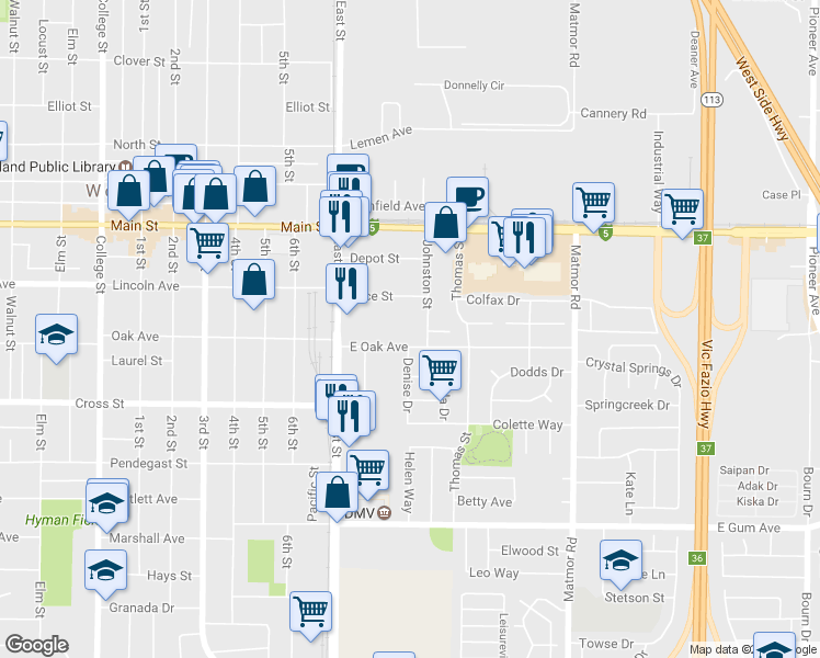 map of restaurants, bars, coffee shops, grocery stores, and more near 530 Johnston Street in Woodland