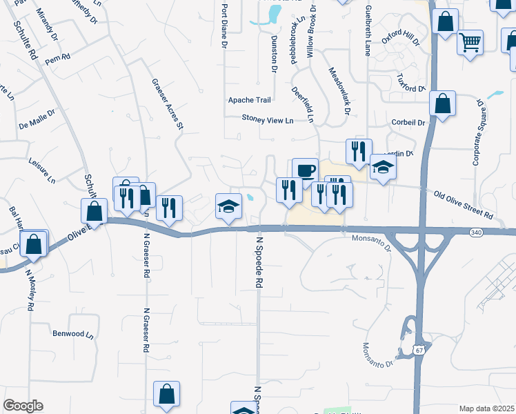 map of restaurants, bars, coffee shops, grocery stores, and more near 917 North Spoede Road in St. Louis