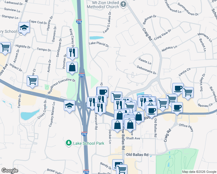 map of restaurants, bars, coffee shops, grocery stores, and more near 999 West Rue De La Banque in Creve Coeur
