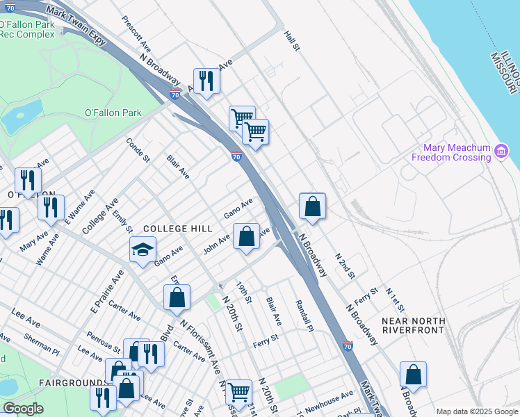 map of restaurants, bars, coffee shops, grocery stores, and more near 1113 John Avenue in St. Louis