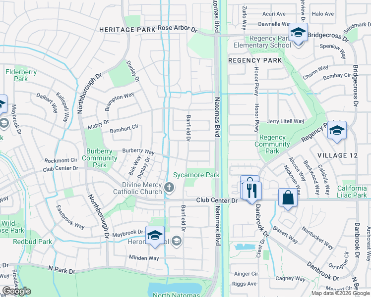 map of restaurants, bars, coffee shops, grocery stores, and more near 5481 Banfield Drive in Sacramento