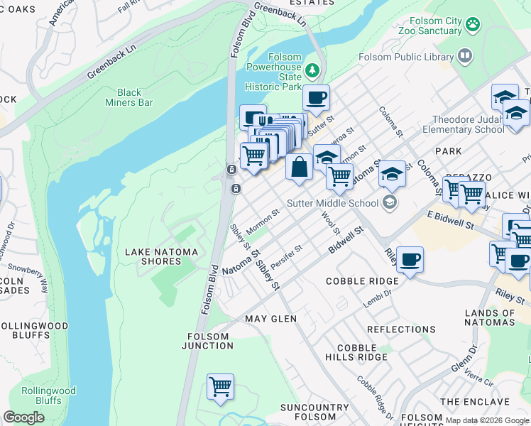 map of restaurants, bars, coffee shops, grocery stores, and more near 405 Reading Street in Folsom