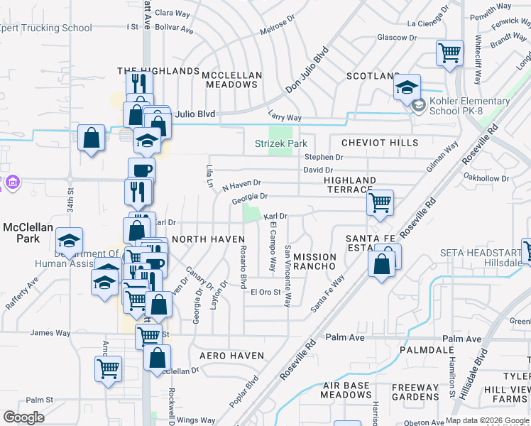 map of restaurants, bars, coffee shops, grocery stores, and more near 3825 Karl Drive in North Highlands
