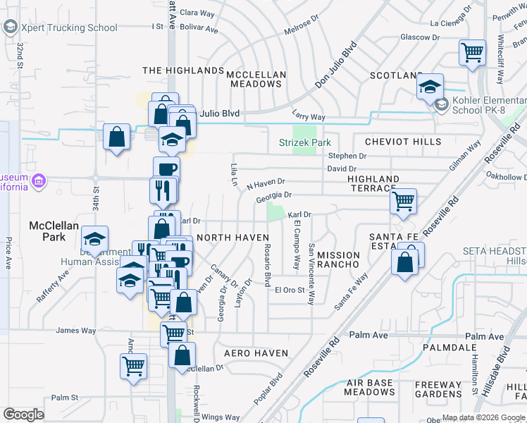 map of restaurants, bars, coffee shops, grocery stores, and more near 5913 Rosario Boulevard in North Highlands