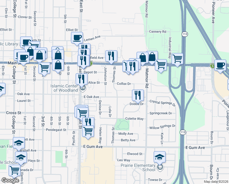 map of restaurants, bars, coffee shops, grocery stores, and more near 532 Thomas Street in Woodland