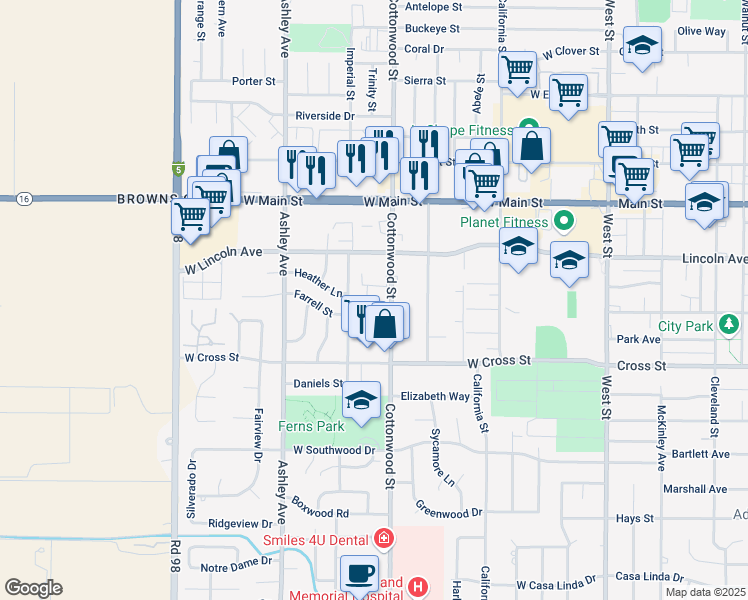 map of restaurants, bars, coffee shops, grocery stores, and more near 522 Cottonwood Street in Woodland