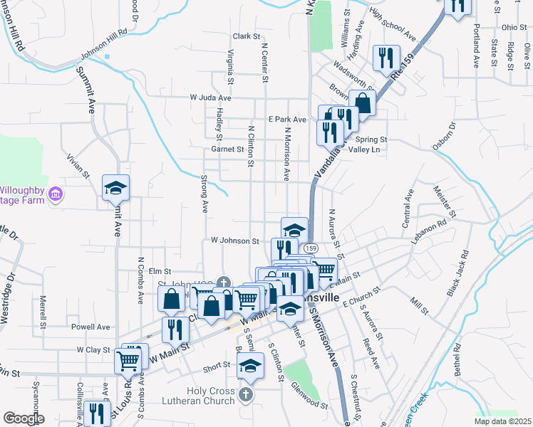 map of restaurants, bars, coffee shops, grocery stores, and more near 413 North Center Street in Collinsville