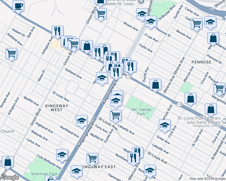 map of restaurants, bars, coffee shops, grocery stores, and more near 5020 Lexington Avenue in St. Louis