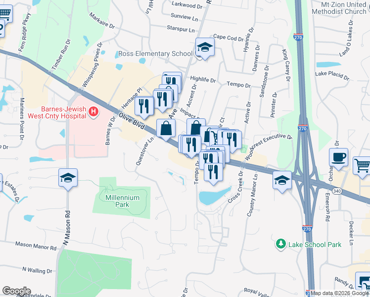 map of restaurants, bars, coffee shops, grocery stores, and more near 12401 Olive Boulevard in Creve Coeur