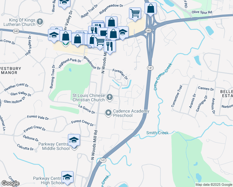 map of restaurants, bars, coffee shops, grocery stores, and more near 13415 Land O Woods Drive in St. Louis
