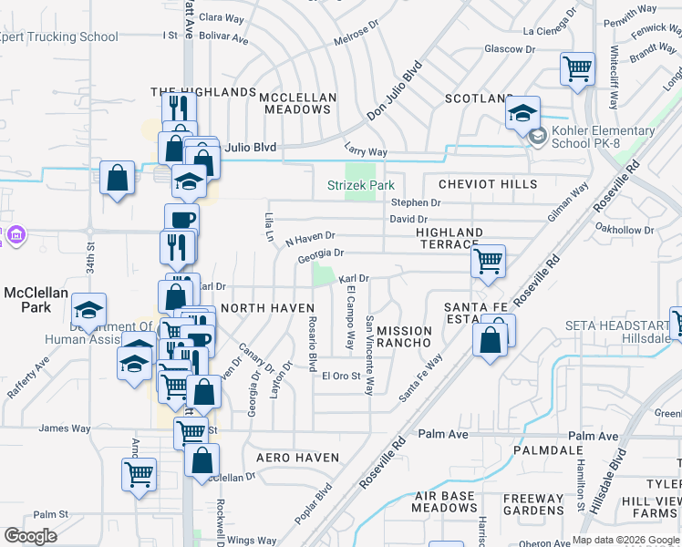 map of restaurants, bars, coffee shops, grocery stores, and more near 3825 Karl Drive in North Highlands