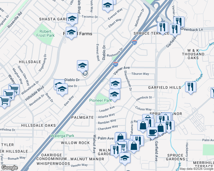 map of restaurants, bars, coffee shops, grocery stores, and more near 5200 Fernwood Way in Sacramento