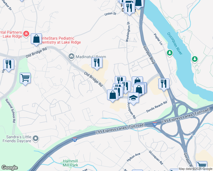 map of restaurants, bars, coffee shops, grocery stores, and more near 12838 Cara Drive in Woodbridge