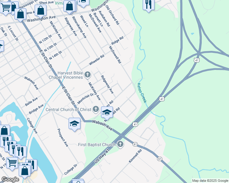 map of restaurants, bars, coffee shops, grocery stores, and more near 2008 Ridgeway Avenue in Vincennes