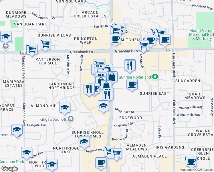 map of restaurants, bars, coffee shops, grocery stores, and more near 6047 Sunrise Boulevard in Citrus Heights