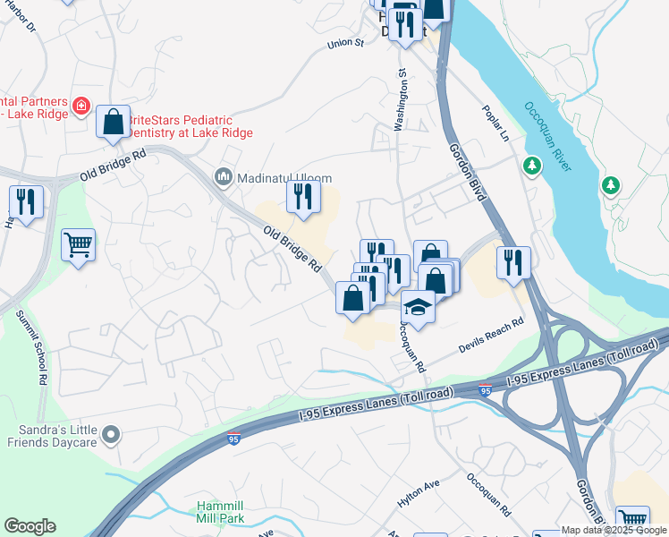 map of restaurants, bars, coffee shops, grocery stores, and more near 12838 Cara Drive in Woodbridge