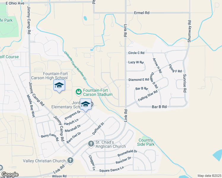 map of restaurants, bars, coffee shops, grocery stores, and more near 10809 Darneal Drive in Fountain