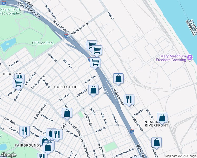 map of restaurants, bars, coffee shops, grocery stores, and more near 1100 East Gano Avenue in St. Louis