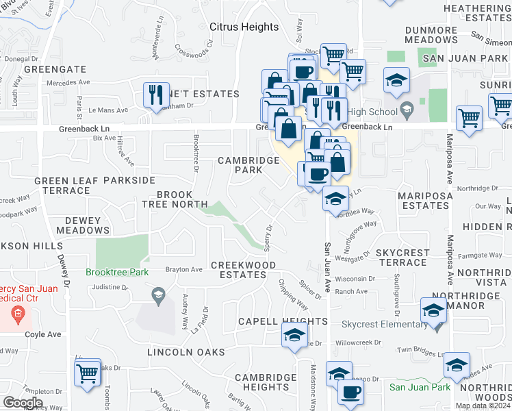 map of restaurants, bars, coffee shops, grocery stores, and more near 7225 La Luna Court in Citrus Heights