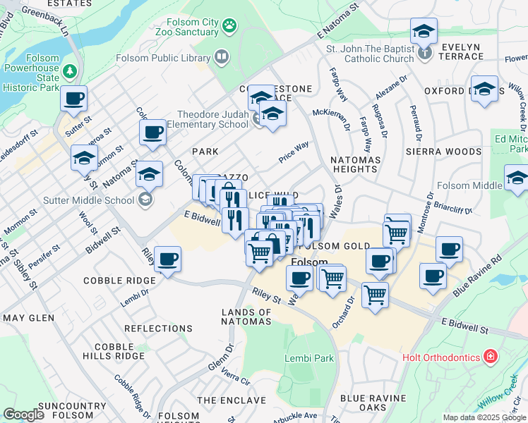 map of restaurants, bars, coffee shops, grocery stores, and more near 1031 Duchow Way in Folsom