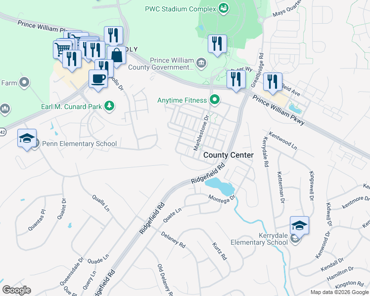 map of restaurants, bars, coffee shops, grocery stores, and more near 13000 Patamon Way in Woodbridge