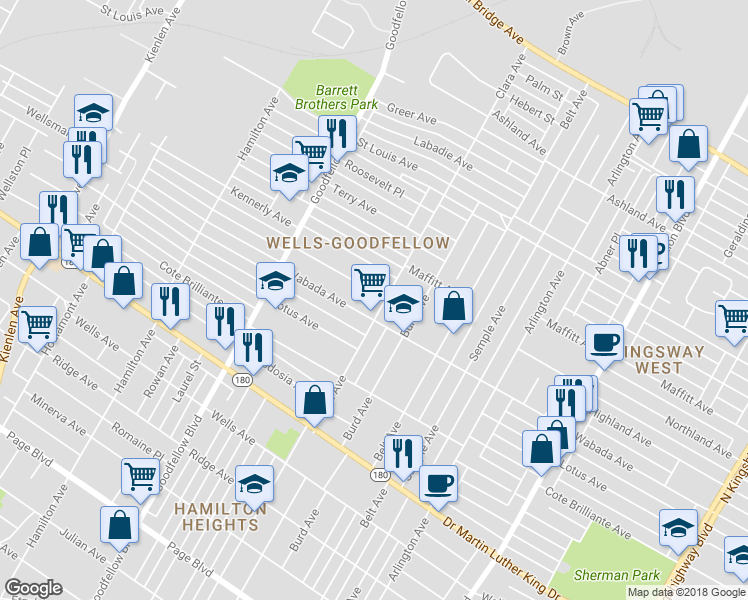 map of restaurants, bars, coffee shops, grocery stores, and more near 5608 Highland Avenue in St. Louis
