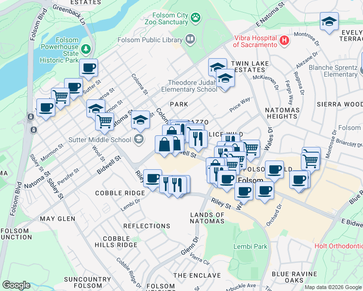 map of restaurants, bars, coffee shops, grocery stores, and more near 332a Duchow Way Bidwell Street Alley in Folsom