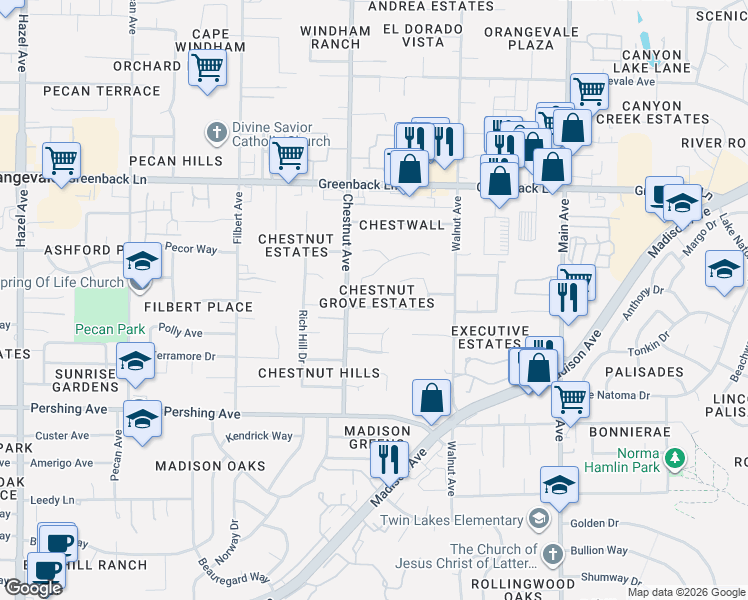 map of restaurants, bars, coffee shops, grocery stores, and more near 9217 Rock Canyon Way in Orangevale