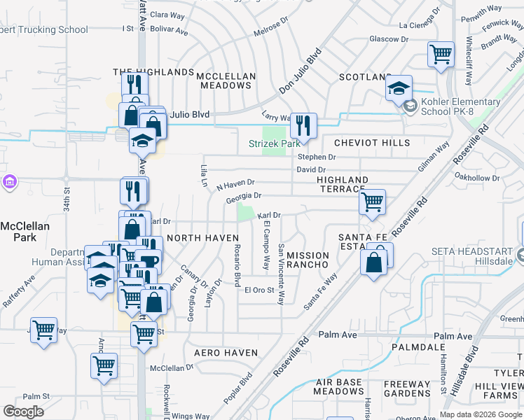 map of restaurants, bars, coffee shops, grocery stores, and more near 3825 Karl Dr in North Highlands