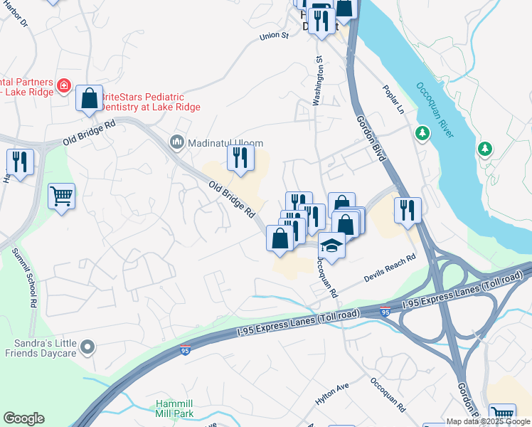 map of restaurants, bars, coffee shops, grocery stores, and more near 12834 Cara Drive in Woodbridge