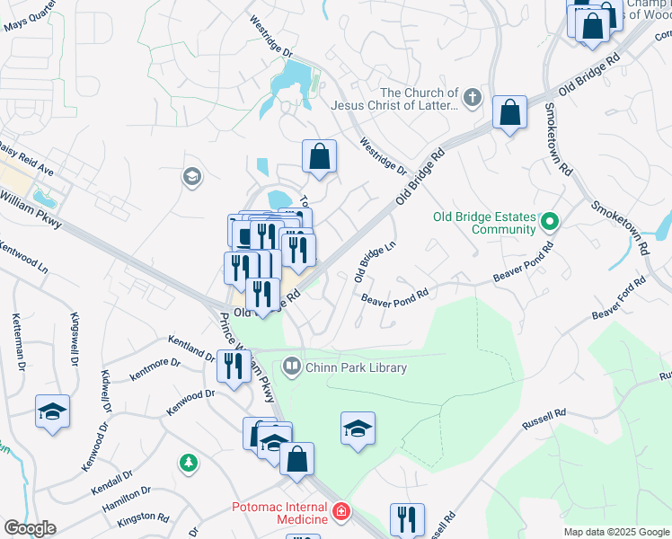 map of restaurants, bars, coffee shops, grocery stores, and more near 3969 Cressida Place in Woodbridge