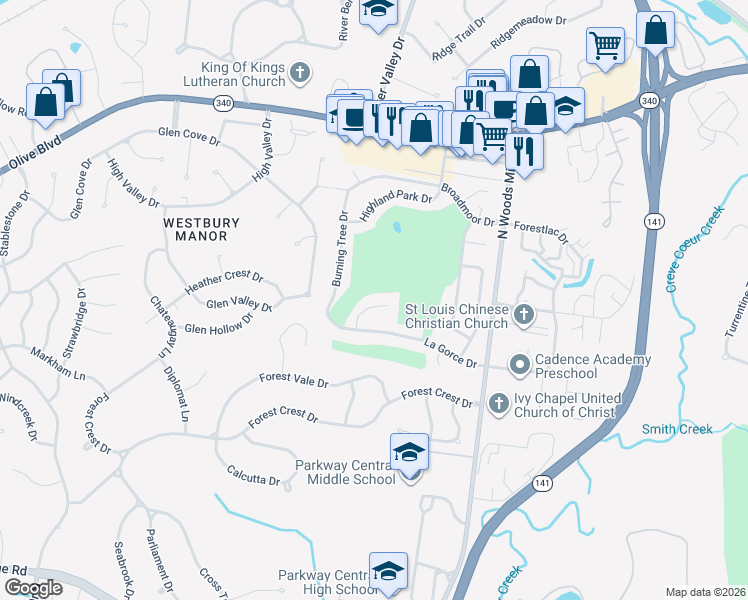 map of restaurants, bars, coffee shops, grocery stores, and more near 116 Del Monte Court in Chesterfield