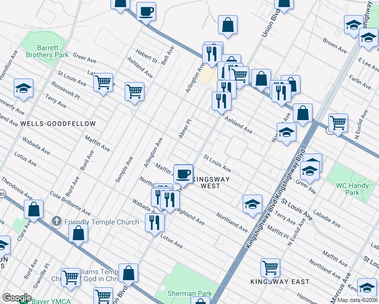 map of restaurants, bars, coffee shops, grocery stores, and more near 5318 Saint Louis Avenue in St. Louis