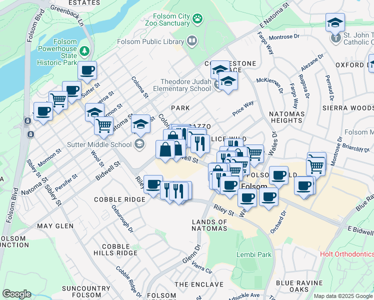 map of restaurants, bars, coffee shops, grocery stores, and more near 332a Duchow Way Bidwell Street Alley in Folsom