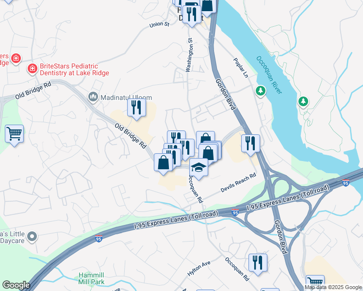 map of restaurants, bars, coffee shops, grocery stores, and more near 12796 Lotte Drive in Woodbridge
