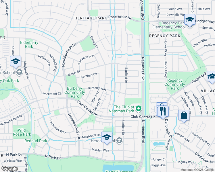 map of restaurants, bars, coffee shops, grocery stores, and more near 5413 Dunlay Drive in Sacramento