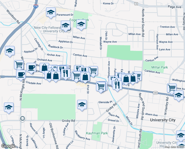 map of restaurants, bars, coffee shops, grocery stores, and more near 8079 Hafner Court in University City
