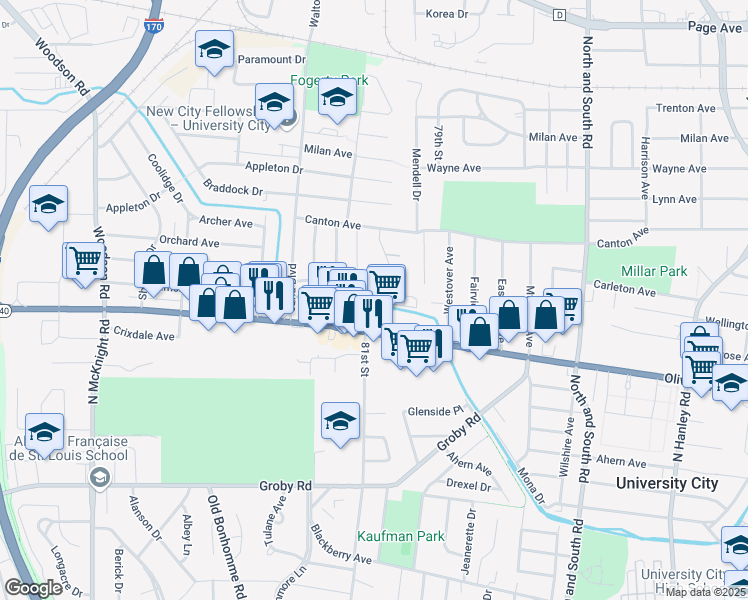 map of restaurants, bars, coffee shops, grocery stores, and more near 8079 Hafner Court in University City