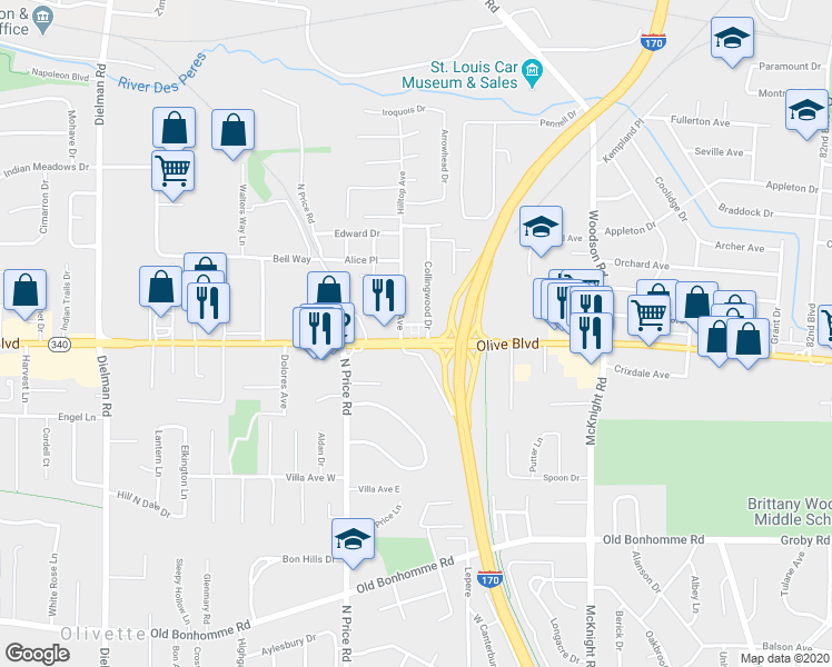 map of restaurants, bars, coffee shops, grocery stores, and more near 9111 Olive Boulevard in St. Louis
