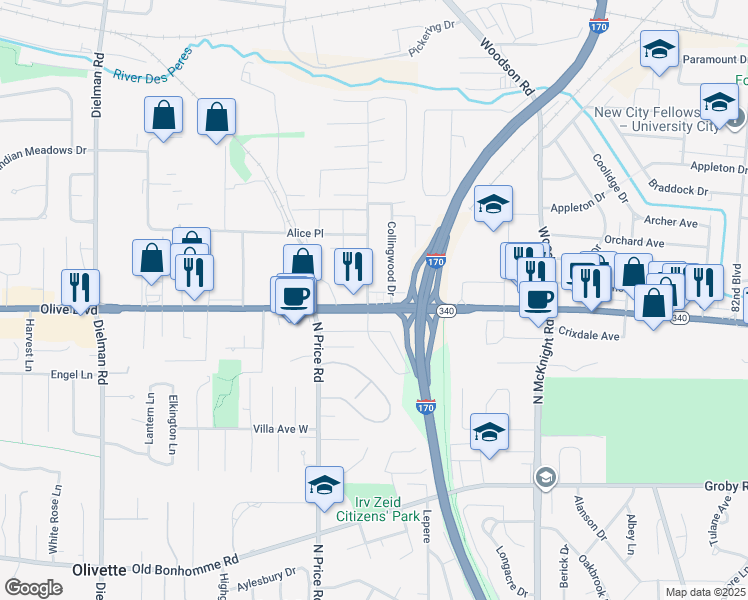 map of restaurants, bars, coffee shops, grocery stores, and more near 9111 Olive Boulevard in St. Louis